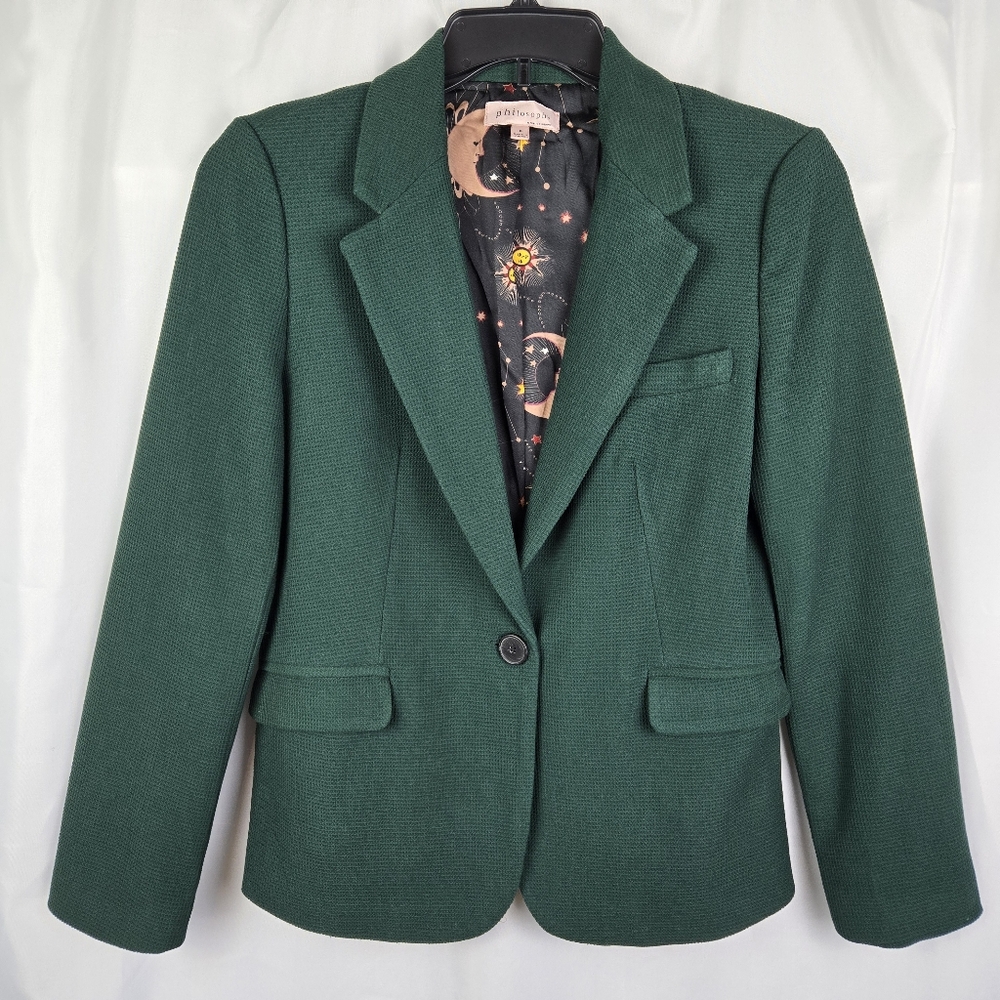 Philosophy Womens Size 6 Green Waffle Knit Celestial Print Lined Blazer Jacket